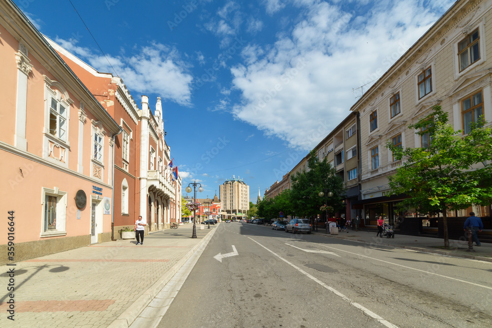 Vrsac, Serbia - June 04, 2020: Municipal building of Vrsac (Serbian: zgrada opstine Vrsac) and Hotel Srbija in Vrsac. Streets of Vrsac