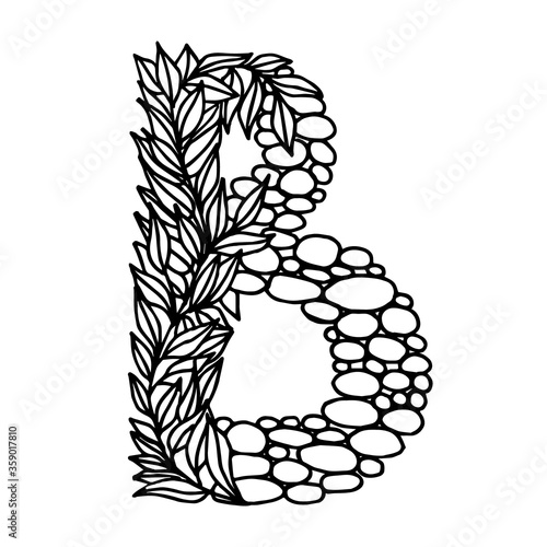 Hand of dawn vector letter B isolated on white background. English alphabet capital letters with a pattern of plants and stones. Beautiful natural illustration. Typographic Template. Eps 8.