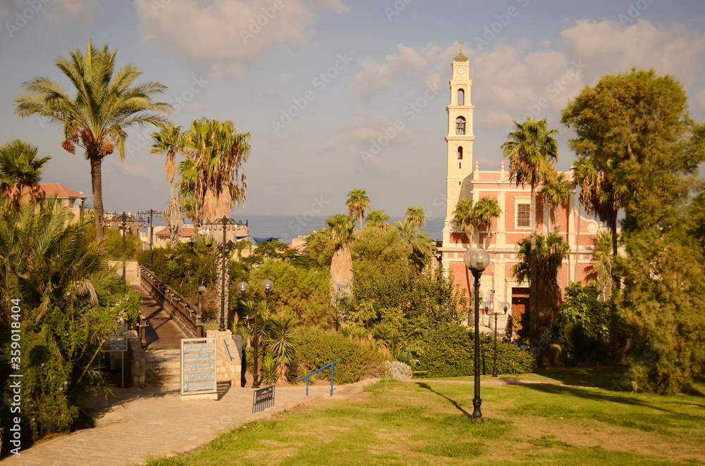 Early morning. St. Peter's Church in Abrasha park in Old Jaffa. Israel.