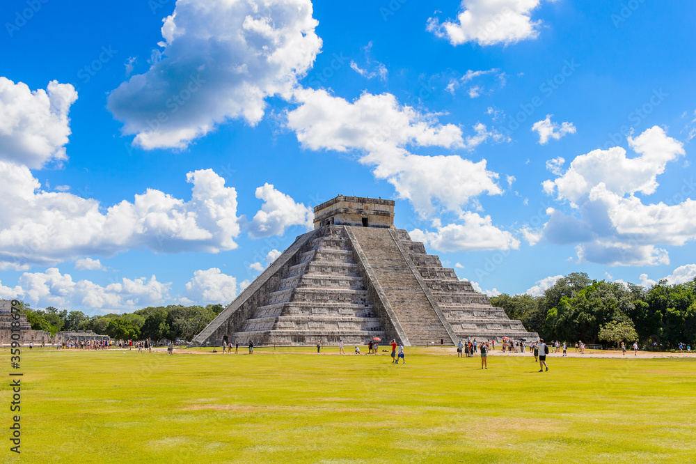 El Castillo (Temple of Kukulcan),  a Mesoamerican step-pyramid, Chichen Itza. It was a large pre-Columbian city built by the Maya people of the Terminal Classic period. UNESCO World Heritage