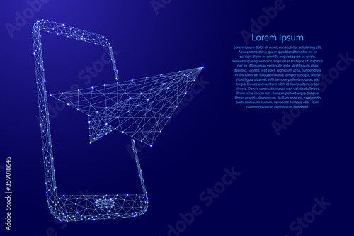 Paper airplane takes off from a smartphone, the concept of communication and message forwarding from polygonal blue lines and glowing stars.