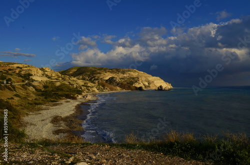 Paphos. Cyprus. Petra Tou Romiu. Sunset at the rocks of Aphrodite photo