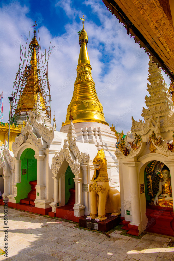 Fototapeta premium It's Surroundings of the Shwedagon Pagoda, a gilded stupa on the Singuttara Hill, Kandawgyi Lake, Yangon, Myanmar
