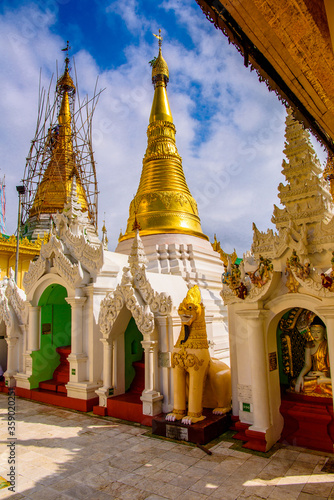 It s Surroundings of the Shwedagon Pagoda  a gilded stupa on the Singuttara Hill  Kandawgyi Lake  Yangon  Myanmar