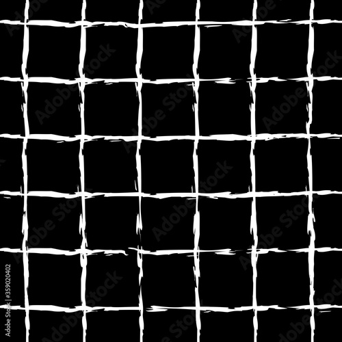 Geometric seamless pattern with white  squares on a black isolated background. Stylized mesh. Abstract lattice in the lines. Great for fabric, wallpaper, textile, wrapping. Sketch. Raster. 