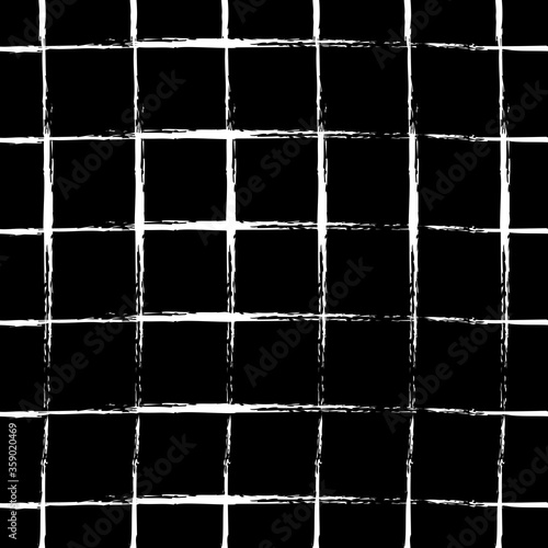 Geometric seamless pattern with white squares on a black isolated background. Stylized mesh. Abstract lattice in the lines. Great for fabric, wallpaper, textile, wrapping. Sketch. Raster. 