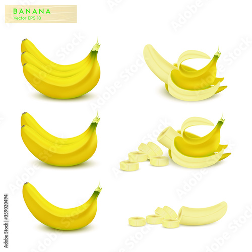 Set of 3d vector realistic illustration bananas. Banana, half peeled banana, bunch of bananas isolated on white background.
