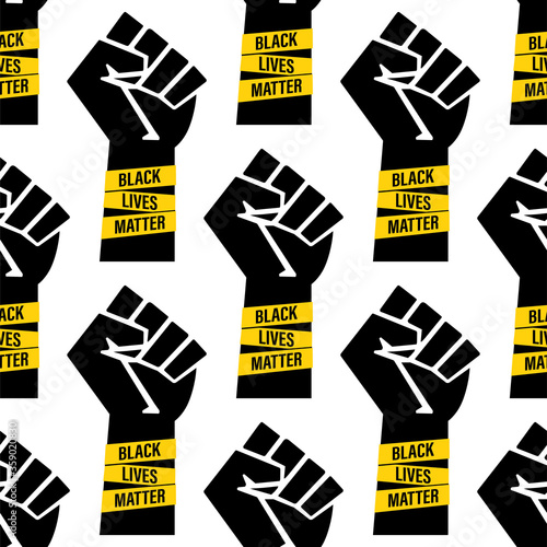 Seamless pattern - Black Lives Matter movement, clenched fist and text isolated on white background