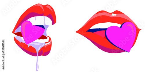 Set of two lips biting a pink heart isolated on white