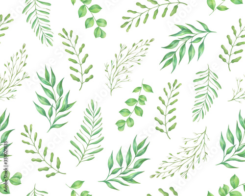 Seamless watercolor green leaves pattern