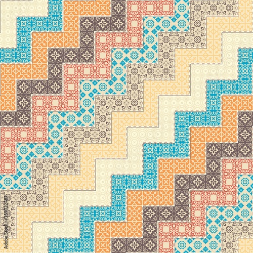Seamless colorful patchwork. Hand drawn background. Islam, Arabic, Indian, ottoman motifs. Endless pattern can be used for ceramic tile, wallpaper, linoleum, textile, web page background. Vector