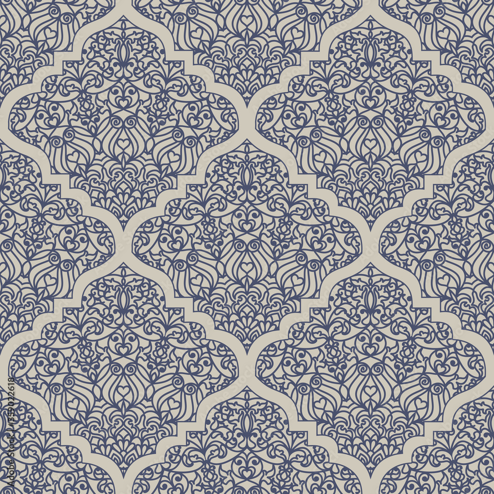 Seamless oriental ornamental pattern. Vector laced decorative background with floral and geometric ornament. Repeating geometric tiles with mandala. Indian or Arabic motive. Boho festival style.