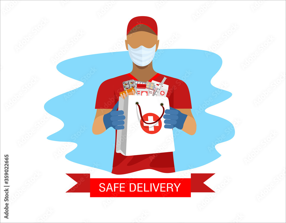 Safe delivery. A courier in a medical mask delivers orders. Logistics and safe delivery concept. Delivery home and office. Suitable for web landing page, ui, banner. Vector. Safe delivery. A courier in a medical mask delivers orders. Logistics and safe delivery concept. Delivery home and office. Suitable for web landing page, ui, banner. Vector.