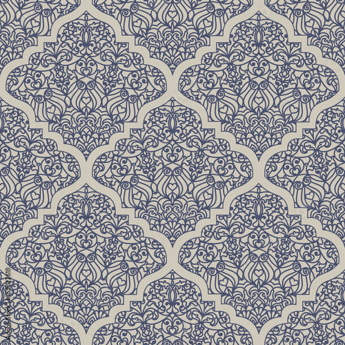 Seamless oriental ornamental pattern. Vector laced decorative background with floral and geometric ornament. Repeating geometric tiles with mandala. Indian or Arabic motive. Boho festival style.