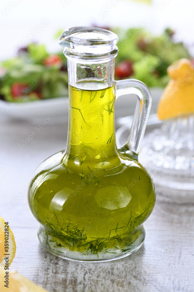 Flavored fresh natural olive oil with herbs