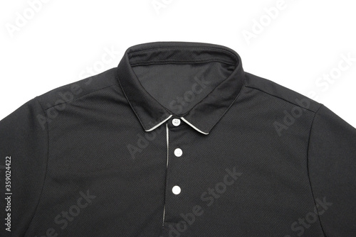 Blank black polo shirt with three white buttons. Polo shirt isolated on white background. Men's clothing.