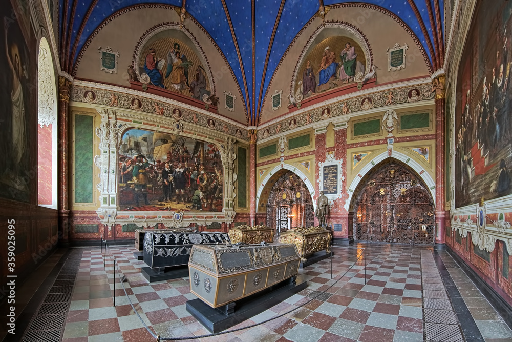 Panorama of interior of Christian IV's chapel in Roskilde Cathedral, Denmark, with sarcophagi of king Christian IV of Denmark and members of his family including his son king Frederick III of Denmark.