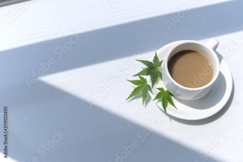 High-angle shot of cup of milk coffee, three green maple leaves on plate, cup in bright place