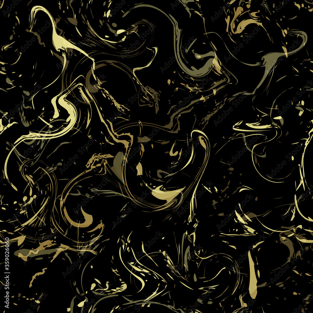 Realistic marble gold and black texture seamless background. Abstract golden glitter marbling seamless pattern for fabric, tile, interior design or gift wrapping . Vector illustration.