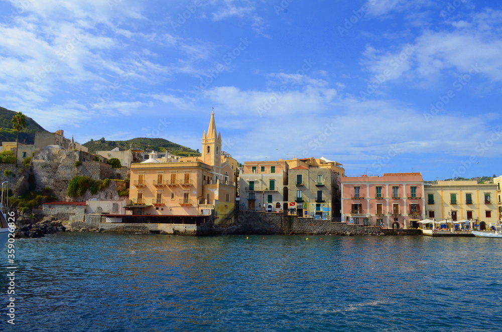 Lipari, Sicily. Aeolian island.  - view from boat. 
Chiesa di San Giusepp
