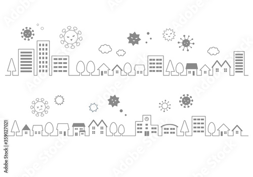 街並みの線画イラストとウイルス