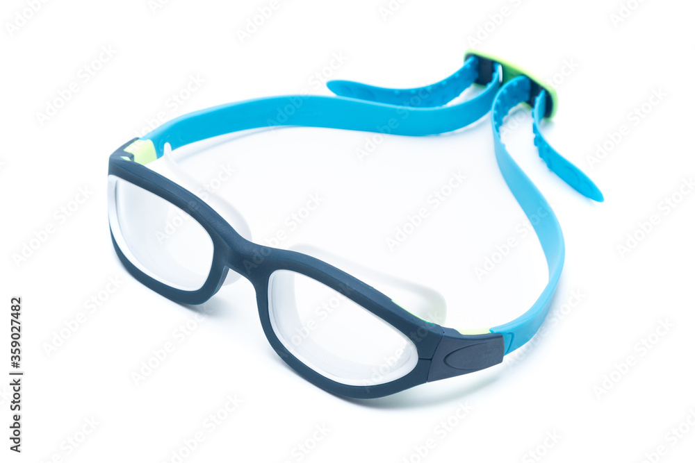 Blue swimming glasses isolated on white background.