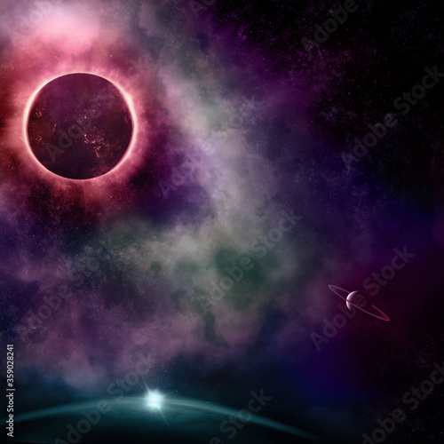 Abstract space background with corona in greens and purples