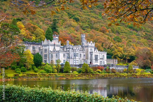 View of the Irish Kylemore Abbey in autumn