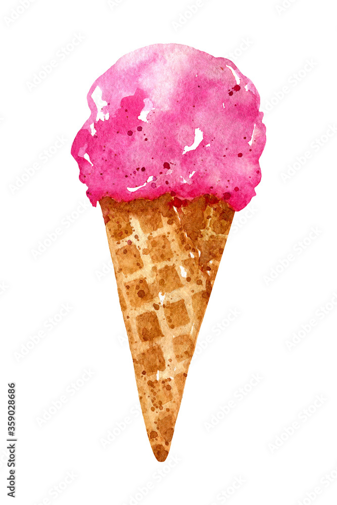 Bright pink ice cream in a waffle cone isolated on white background. Watercolor hand-drawn illustration. 
Perfect for your project, cards, prints, covers, menu, patterns.