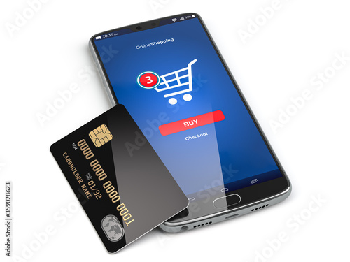 Mobile phone or smartphone with credit card. E-commerce, internet banking, nfc and buying online concept.