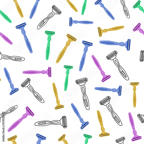 Pattern of multicolored razors. The vector background is drawn in a cartoon style. Seamless pattern of women's and men's razors. Vector illustration in flat style. For design and decoration