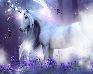 Poster Feen und Elfen Weisses Einhorn im violetten Blumenwald  © Elle Arden 