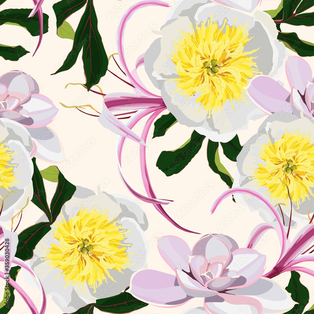 Seamless floral pattern with white yellow peonies and pink lilies. Design for wallpaper, fabric, wrapping paper, cover and more. Beige background.