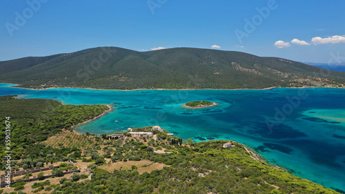 Aerial drone photo of beautiful paradise island complex in gulf of of Petalioi or Petalion that form a blue lagoon with sandy turquoise beaches  South Evoia island near Marmari  Greece