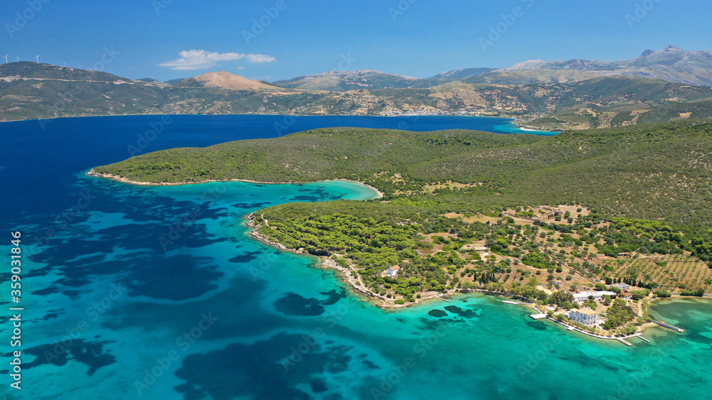 Aerial drone photo of beautiful paradise island complex in gulf of of Petalioi or Petalion that form a blue lagoon with sandy turquoise beaches, South Evoia island near Marmari, Greece