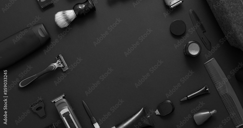 Men beauty and health concept. Various shaving and bauty care accessories placed on black background Men beauty and health concept. Various shaving and bauty care accessories placed on black background