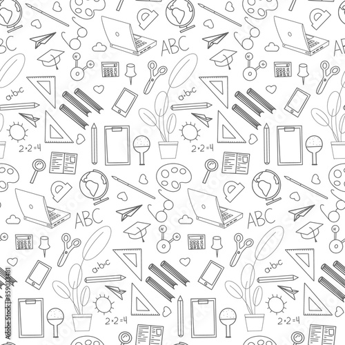 back to school line sketch vector seamless doodle pattern gray icons on a white background hand drawn