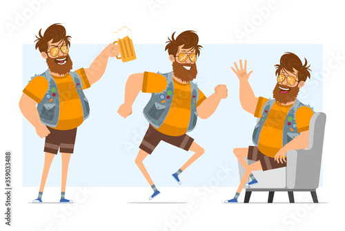 Cartoon flat funny bearded fat hipster man character in jeans jerkin and sunglasses. Ready for animation. Boy resting, dancing and holding beer. Isolated on blue background. Vector icon set.