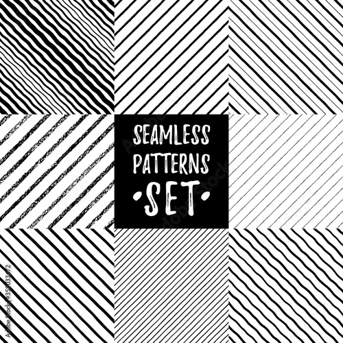 Set, collection of various hand drawn striped diagonal seamless patterns. Black and white chalk, brush, crayon endless textured uneven stripes, sloping streaks, pinstripes, doodle style lines, bars.