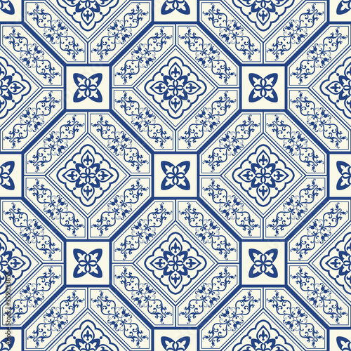 Seamless patchwork tile in blue and white colors. Vintage multicolor pattern in Spanish style. Endless pattern can be used for ceramic tile, wallpaper, linoleum, textile, web page background