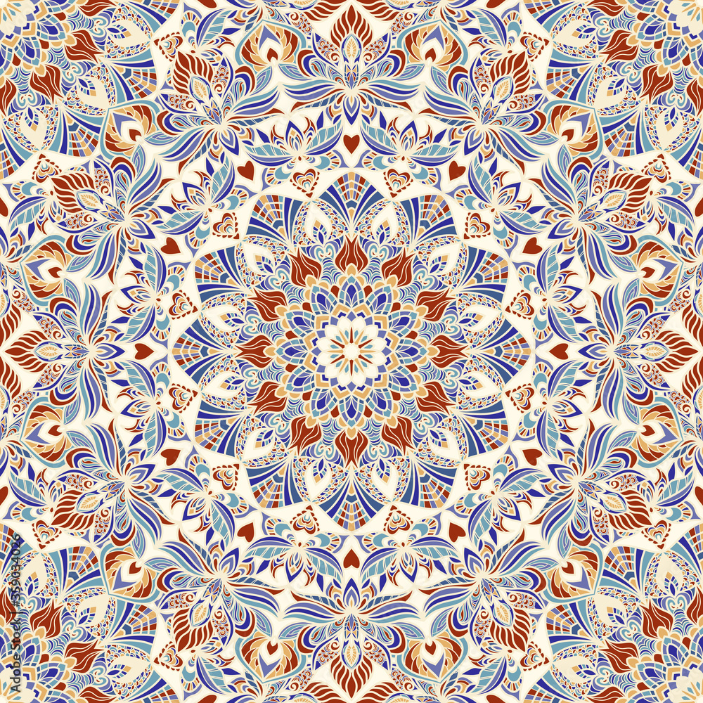 Seamless colorful pattern with mandala. Vintage decorative element. Hand drawn pattern in turkish style. Islam, Arabic, Indian, ottoman motif. Vector illustration.