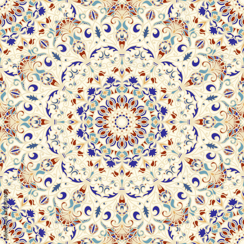 Seamless colorful pattern with mandala. Vintage decorative element. Hand drawn pattern in turkish style. Islam, Arabic, Indian, ottoman motif. Vector illustration.