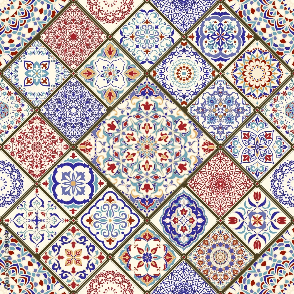 Seamless colorful patchwork in turkish style. Hand drawn background. Azulejos tiles patchwork. Portuguese and Spain decor. Islam, Arabic, Indian, ottoman motif. Perfect for printing on fabric or paper