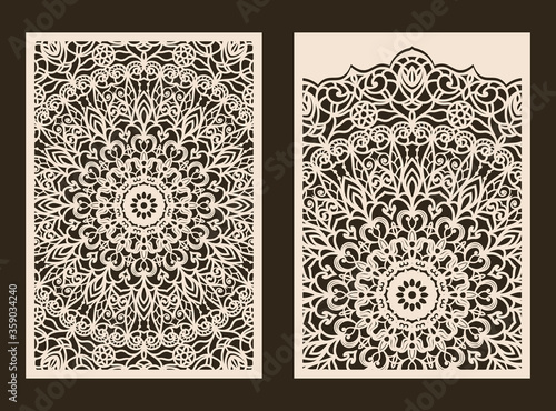 Set of 2 Wedding Invitation or greeting card with lace pattern. Layout congratulatory card with carved openwork pattern. Pattern suitable for laser cutting, plotter cutting or printing. Vector