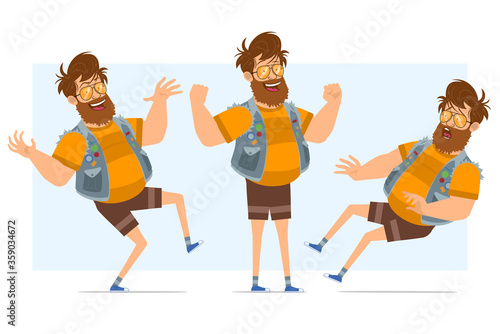 Cartoon flat funny bearded fat hipster man character in jeans jerkin and sunglasses. Ready for animation. Boy jumping, showing muscles and falling down. Isolated on blue background. Vector icon set.