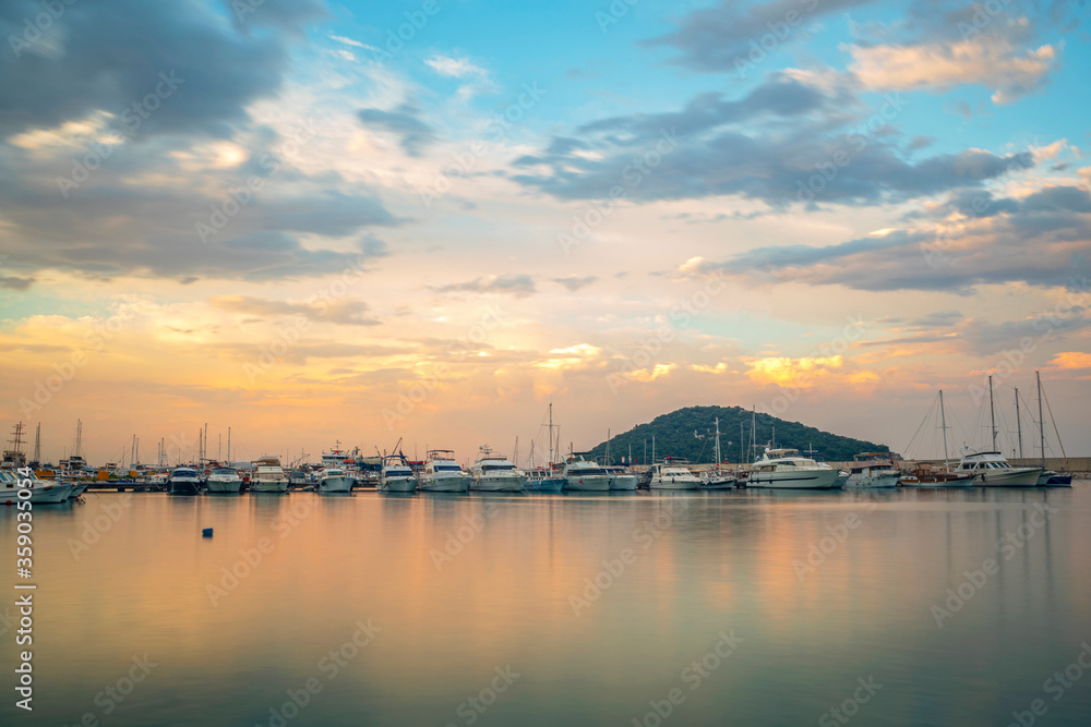 The long exposure view of sunset at Antalya Fisherman Harbour
