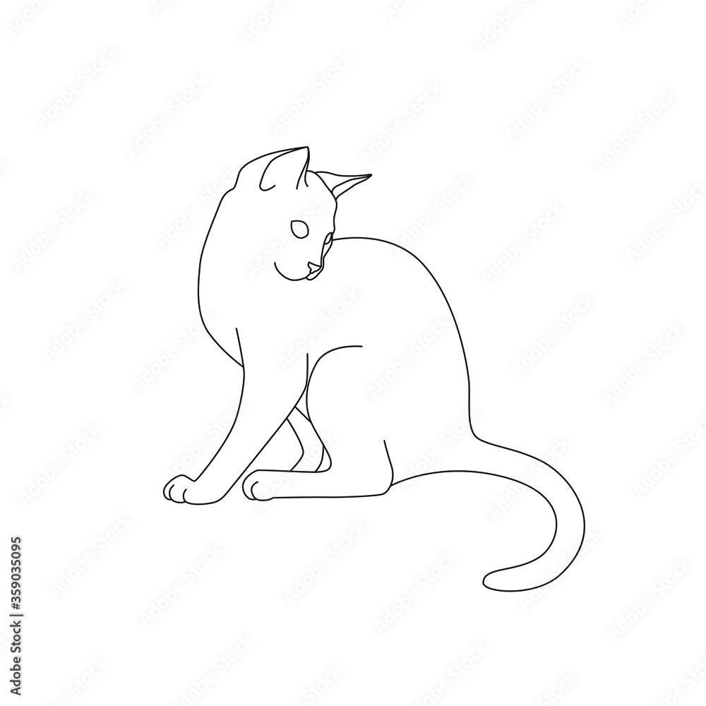 Fototapeta Line art cat silhouette illustration isolated on white background. Minimalist tattoo with animal. - Vector