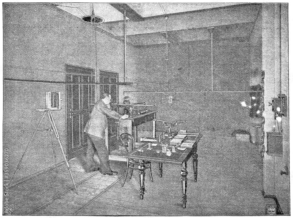 Lens Quality Control Room of C. P. Goerz. Illustration of the 19th century. White background.