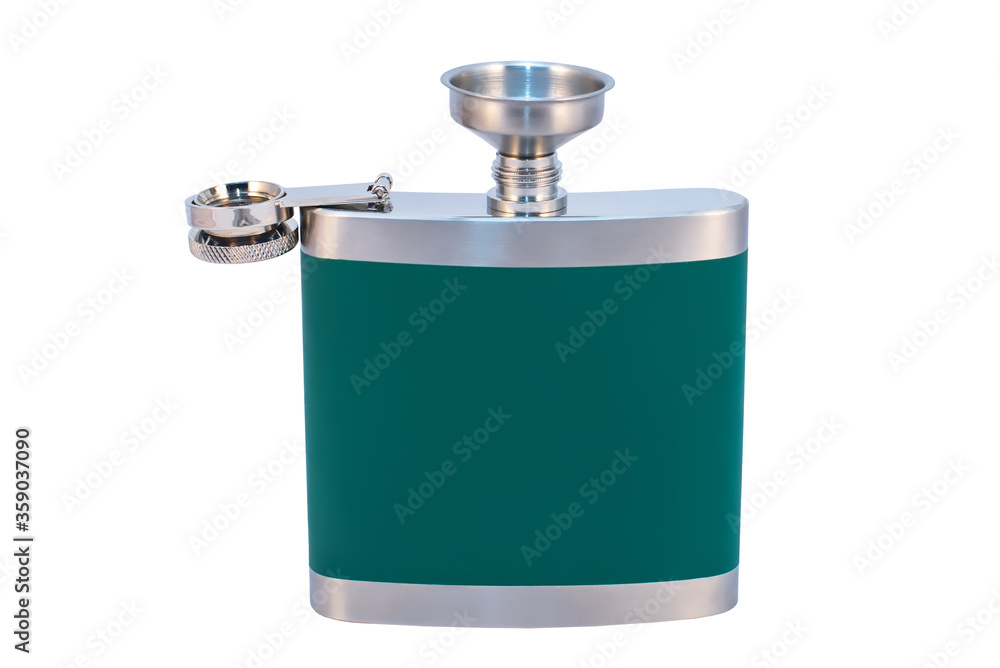 Flask for alcohol green with a metal watering can on a white background, isolated Flask for alcohol green with a metal watering can on a white background, isolated