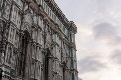 Details of Cathedral of Saint Mary of the Flower  called Cattedrale di Santa Maria del Fiore in Florence Tuscany from Uffizi Gallery. Also known Cathedral of Florence or Duomo Di Firenze.
